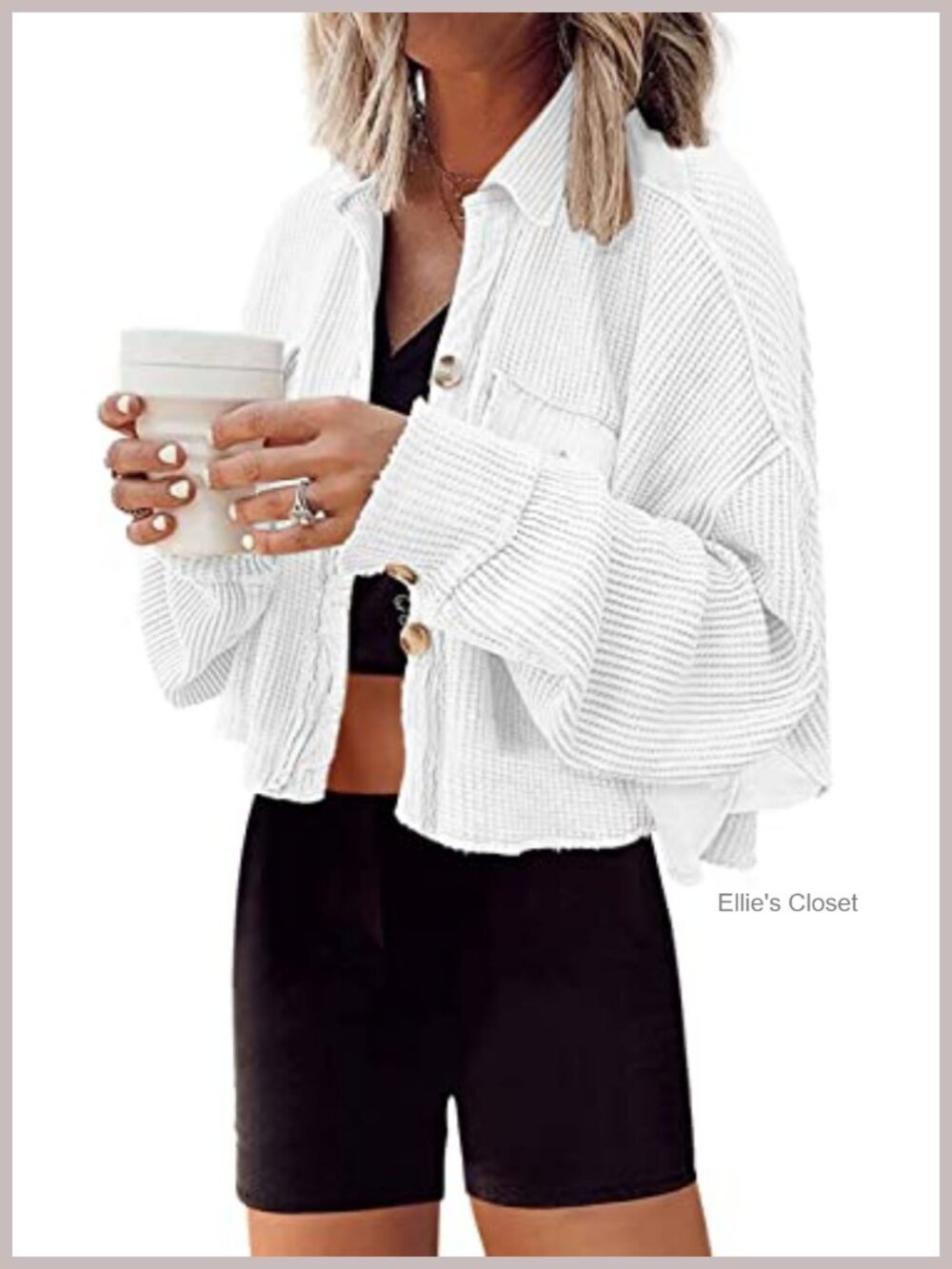 Waffle Knit Cropped Cardigan Shacket for Women Oversized Casual